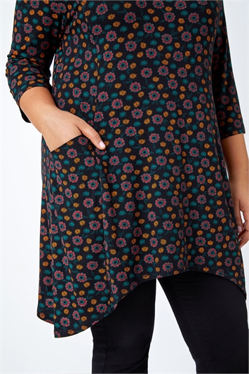 Curve Floral Pocket Detail Stretch Tunic Top 19258081