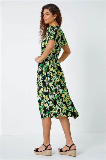 Ditsy Floral Ruched Sleeve Midi Dress 14476534