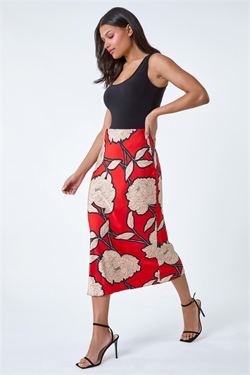 Floral Satin Bias Cut Midi Elastic Waist Skirt 17047164