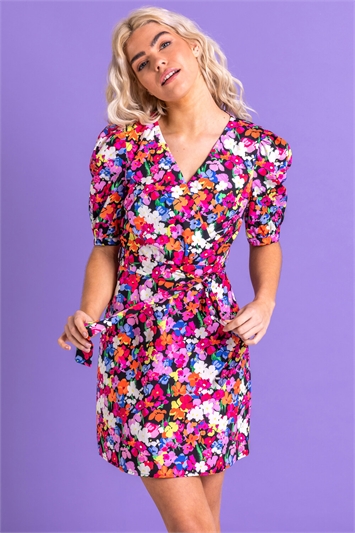 Puff Sleeve Floral Wrap Dress 14119632