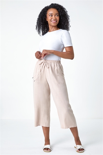 Petite Linen Mix Wide Cropped Trousers 18054488