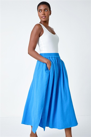 Textured Cotton Elastic Waist A Line Maxi Skirt 17041109