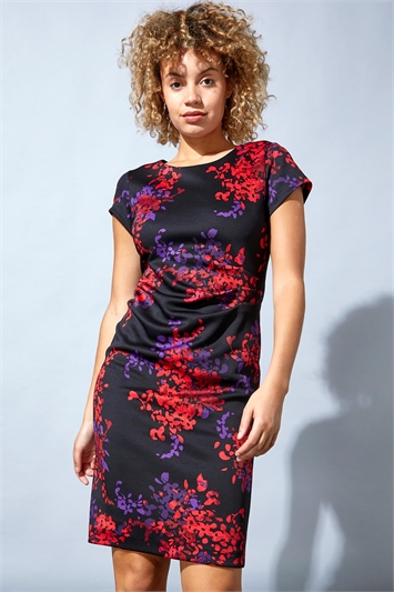 Floral Print Ruched Waist Scuba Dress 14108578