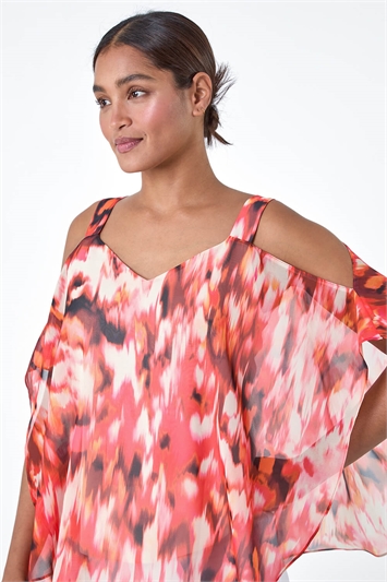Abstract Print Cold Shoulder Overlay Top 20158378