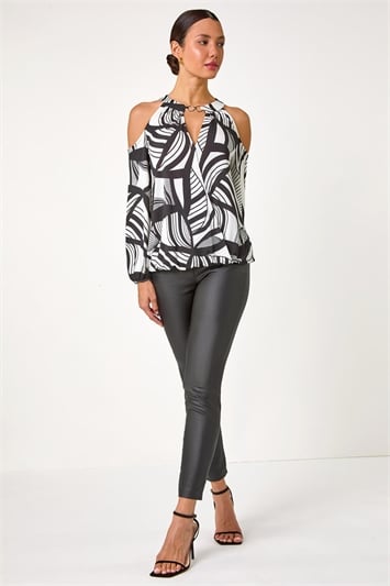 Abstract Print Cold Shoulder Stretch Top 19256038