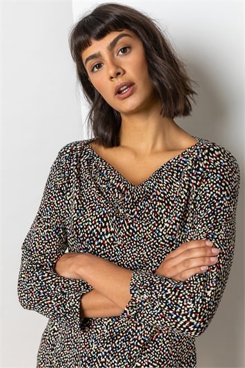 Abstract Print Cowl Neck Top in Stone - Roman Originals UK