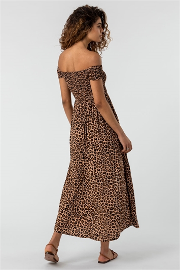 Shirred Leopard Print Bardot Dress 14156214