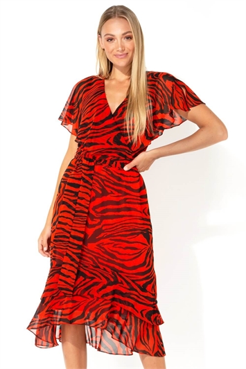 Tiger Print Tie Waist Chiffon Midi Dress 14036364