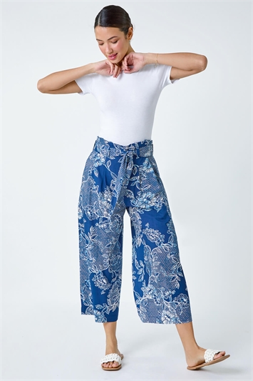 Floral Print Tie Cropped Trousers 18053529