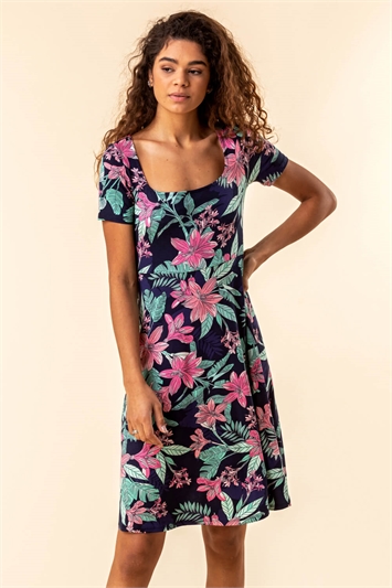 Tropical Floral Square Neck Dress 14135060
