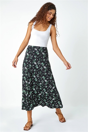 Floral Leaf Jersey A Line Midi Skirt 17043734