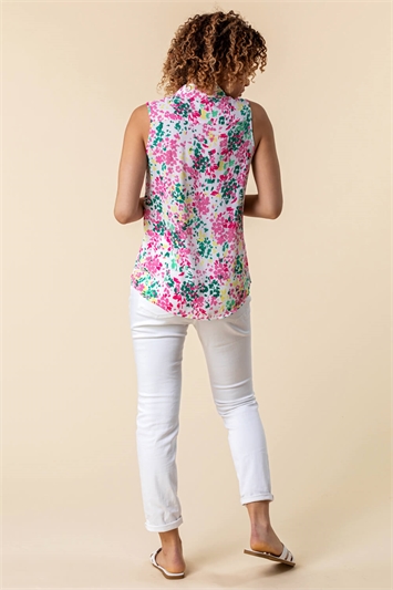 Ditsy Floral Print Sleeveless Button Up Shirt 10010658
