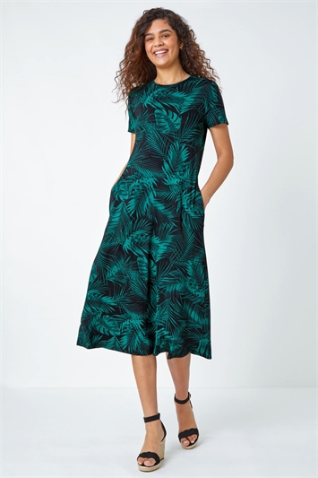 Leaf Print Stretch Midi Dress 14520034
