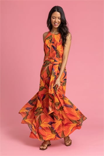 Floral Print Tie Waist Chiffon Maxi Dress 14090264