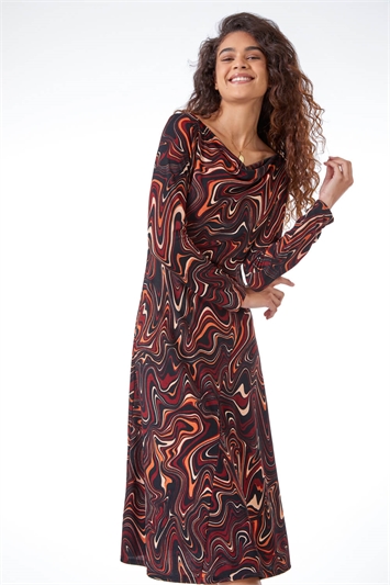 Swirl Print Cowl Neck Midi Dress 14295678