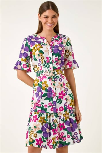 Floral Frill Cotton Shirt Dress