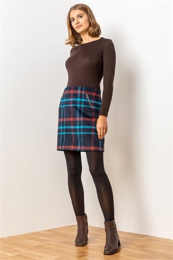 Checked Zip Detail Brushed Skirt 17017754