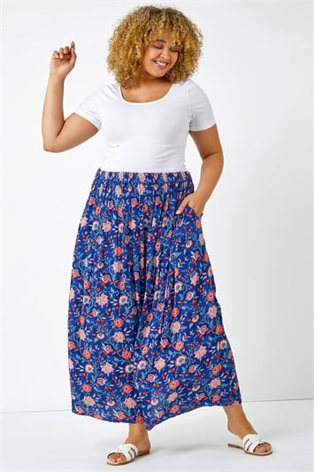 Curve Floral Print Elastic Waist Maxi Skirt 17033009
