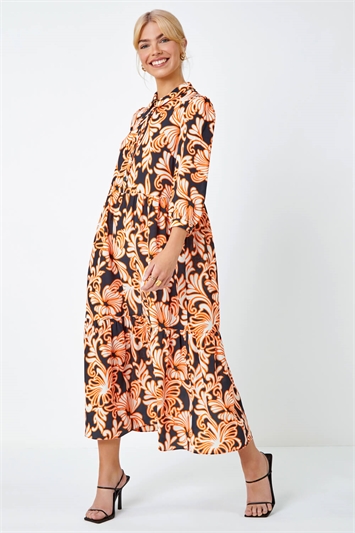 Floral Print Tiered Midi Shirt Dress 14379508