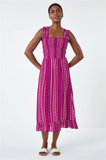 Abstract Stripe Shirred Bodice Midi Dress 14489651
