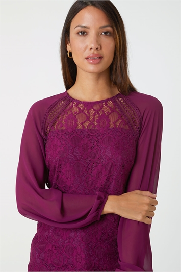 Lace Detail Chiffon Sleeve Stretch Top 19249176