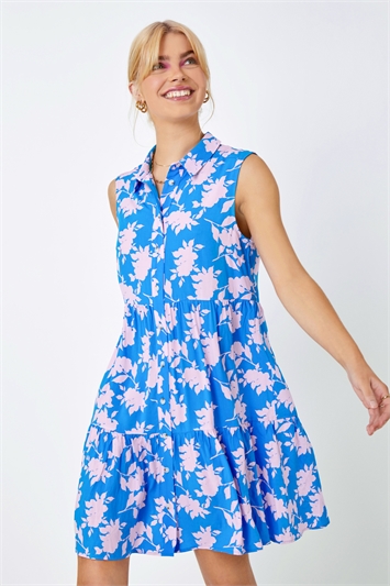 Sleeveless Floral Frill Hem Shirt Dress 14366886