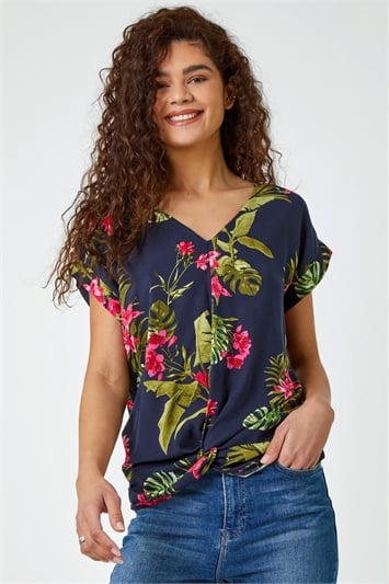 Floral Palm Print V-Neck Twist Top 20127772