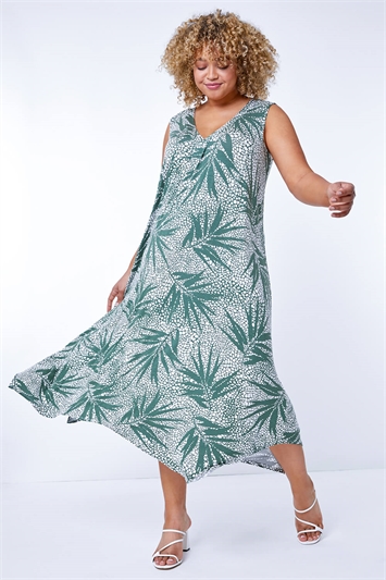 Curve Leaf Print Hanky Hem Asymmetric Dress 14282440