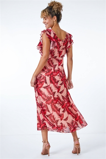 Petite Tropical Print Frill Sleeve Midi Dress 14278672