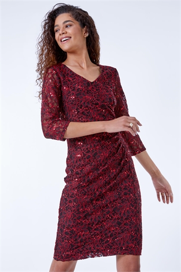 Embellished Ruched Lace Dress 14213878