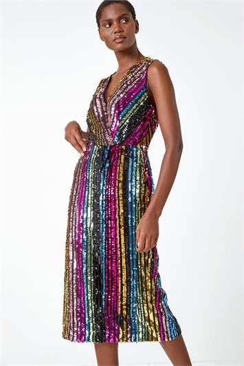 Sequin Stripe Belted Midi Dress 14405258