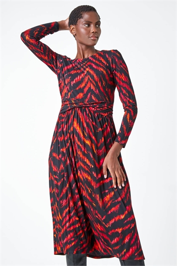 Tiger Print Twist Waist Midi Stretch Dress 14471272