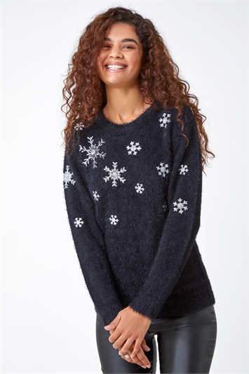 Snowflake Sequin Fluffy Stretch Jumper 16072608