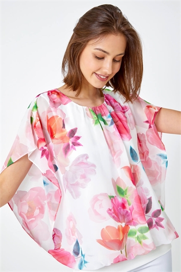 Floral Overlay Blouson Stretch Top 19223338