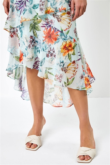 Floral Chiffon Frill Tiered Midi Wrap Dress 14258482