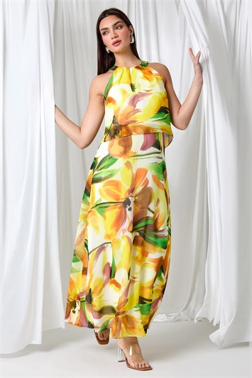 Floral Print Chiffon Overlay Maxi Dress