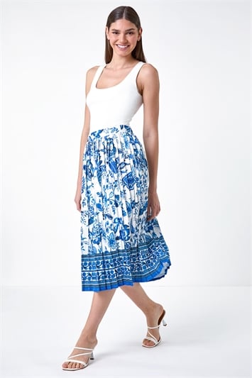 Floral Broderie Stretch Pleated Midi Skirt 17049209