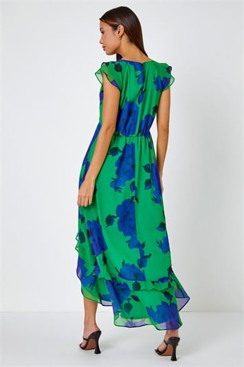 Floral Frill Chiffon Asymmetric Midi Dress 14357134
