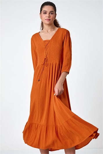 Lace Up Shirred Midi Dress 14540189