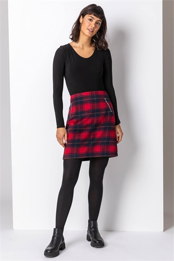 Checked Zip Detail Brushed A line Skirt 17016978