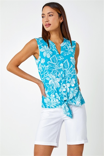 Sleeveless Floral Tie Front Stretch Top 10111502