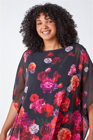 Curve Floral Print Chiffon Overlay Top 20139872