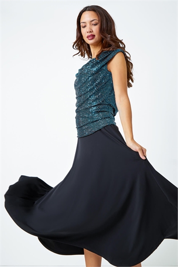 Sequin Cowl Neck Contrast Midi Dress 14330792