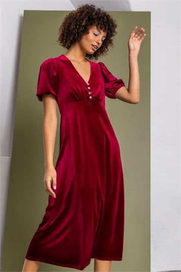 Velvet Button Detail Fit & Flare Dress 14181395