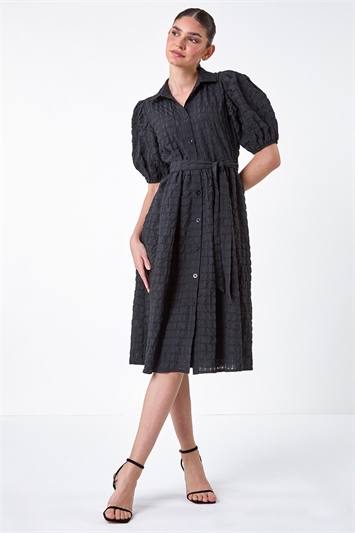 Textured Puff Sleeve Midi Shirt Dress 14596908
