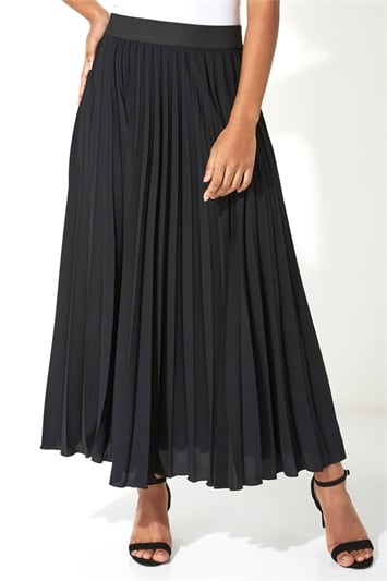 Faux Leather Pleated Maxi Skirt in Black - Roman Originals UK