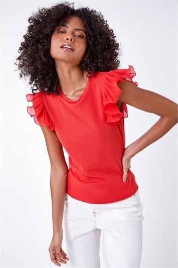 Ribbed Stretch Frill Detail Top 19291478