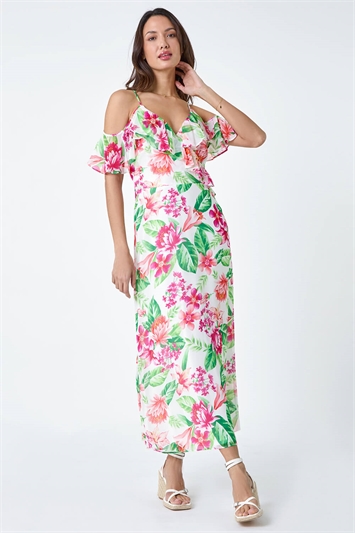 Floral Print Cold Shoulder Chiffon Midi Dress 14397838