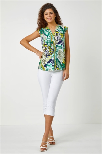Abstract Leaf Print Frill V-Neck Blouse 20146834