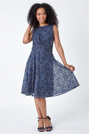 Petite Lace Shimmer Belted Midi Dress 14542460